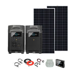 The Ecoflow portable power kit includes two black solar panels, two black and gray Ecoflow Delta Pro stations with digital displays, cables, connectors, and a compact accessory—all neatly arranged on a white background.