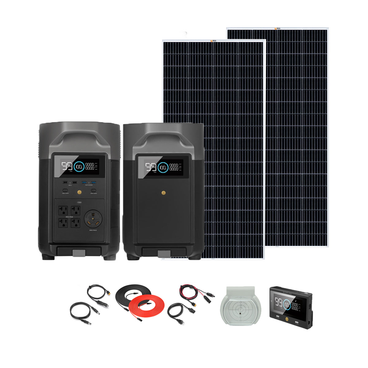 The Ecoflow portable power kit includes two black solar panels, two black and gray Ecoflow Delta Pro stations with digital displays, cables, connectors, and a compact accessory—all neatly arranged on a white background.