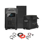 The EcoFlow Delta Pro by Ecoflow features a digital display, 3600W output, foldable solar panel, wheeled carrying bag, and multiple charging cables, all shown on a white background.