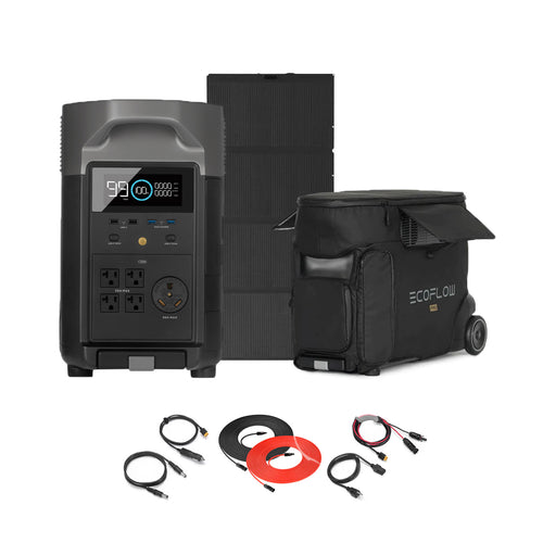 The EcoFlow Delta Pro by Ecoflow features a digital display, 3600W output, foldable solar panel, wheeled carrying bag, and multiple charging cables, all shown on a white background.