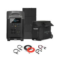 The EcoFlow Delta Pro by Ecoflow features a digital display, 3600W output, foldable solar panel, wheeled carrying bag, and multiple charging cables, all shown on a white background.