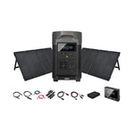 The Ecoflow Delta Pro portable power station is displayed with a digital screen, three foldable solar panels, assorted charging cables, connectors, a small black pouch, and an extra display unit.