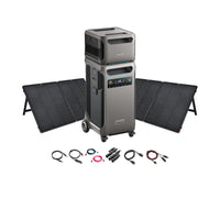 Two Anker portable power stations, including the SOLIX F3800, are stacked together with four foldable solar panels behind and charging cables in front, showcasing a versatile Anker Solar Power System on a white background.