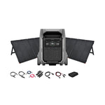 An EcoFlow Solar Kit, featuring the DELTA Pro 3 portable power station with digital display, includes three foldable solar panels, charging cables, connectors, a carrying case, and an electronic device accessory.