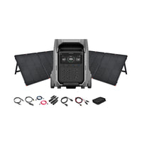 An EcoFlow Solar Kit, featuring the DELTA Pro 3 portable power station with digital display, includes three foldable solar panels, charging cables, connectors, a carrying case, and an electronic device accessory.