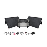 The EcoFlow portable solar generator kit includes three foldable solar panels, a central EcoFlow DELTA Pro Ultra power station, various cables and connectors, a small pouch, and a digital control display on a white background.
