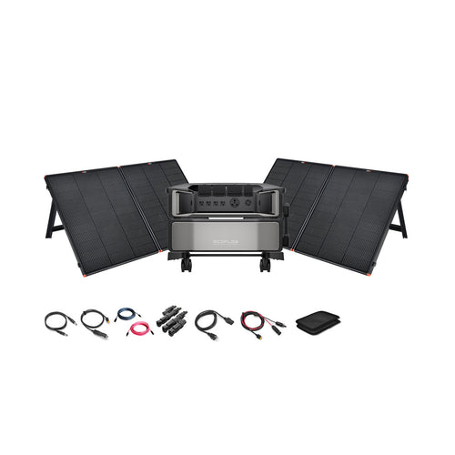 The EcoFlow portable solar generator kit includes three foldable solar panels, a central EcoFlow DELTA Pro Ultra power station, various cables and connectors, a small pouch, and a digital control display on a white background.