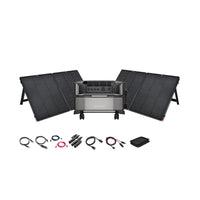 The EcoFlow portable solar generator kit includes three foldable solar panels, a central EcoFlow DELTA Pro Ultra power station, various cables and connectors, a small pouch, and a digital control display on a white background.