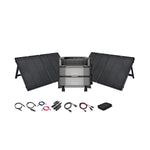An EcoFlow portable solar generator kit with DELTA Pro Ultra, three foldable solar panels, stackable power station, cables, adapters, carrying pouch, and digital display panel displayed on a white background.