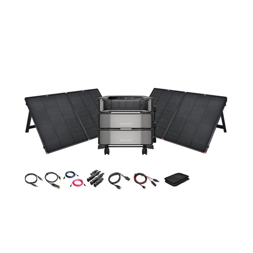 An EcoFlow portable solar generator kit with DELTA Pro Ultra, three foldable solar panels, stackable power station, cables, adapters, carrying pouch, and digital display panel displayed on a white background.