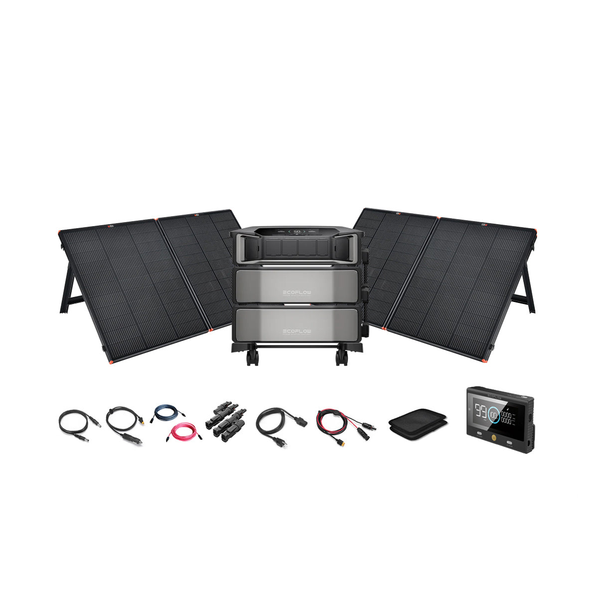 An EcoFlow portable solar generator kit with DELTA Pro Ultra, three foldable solar panels, stackable power station, cables, adapters, carrying pouch, and digital display panel displayed on a white background.
