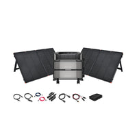 An EcoFlow portable solar generator kit with DELTA Pro Ultra, three foldable solar panels, stackable power station, cables, adapters, carrying pouch, and digital display panel displayed on a white background.