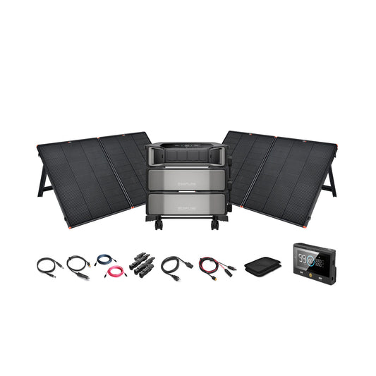 An EcoFlow portable solar generator kit with DELTA Pro Ultra, three foldable solar panels, stackable power station, cables, adapters, carrying pouch, and digital display panel displayed on a white background.