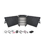 The Ecoflow DELTA Pro Ultra 7,200W 18,000Wh Portable Power Station Kit includes three stacked battery units, four foldable 12V solar panels, connecting cables, a digital device, and a black pouch—all arranged on a white background.