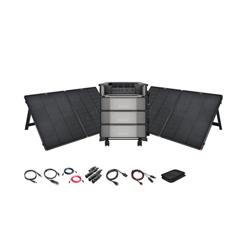 The Ecoflow DELTA Pro Ultra 7,200W 18,000Wh Portable Power Station Kit includes three stacked battery units, four foldable 12V solar panels, connecting cables, a digital device, and a black pouch—all arranged on a white background.