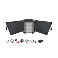 The Ecoflow DELTA Pro Ultra 7,200W 18,000Wh Portable Power Station Kit includes three stacked battery units, four foldable 12V solar panels, connecting cables, a digital device, and a black pouch—all arranged on a white background.