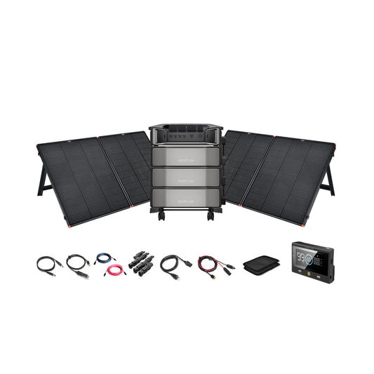 The Ecoflow DELTA Pro Ultra 7,200W 18,000Wh Portable Power Station Kit includes three stacked battery units, four foldable 12V solar panels, connecting cables, a digital device, and a black pouch—all arranged on a white background.