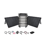 The EcoFlow DELTA Pro Ultra 7,200W 24,000Wh Portable Power Station + 12V Solar Panels Kit by Ecoflow comes with four solar panels, a stacked battery unit, cables, adapters, a pouch, and digital display—ideal for off-grid or backup power.