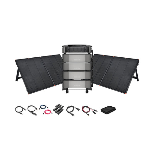 The EcoFlow DELTA Pro Ultra 7,200W 24,000Wh Portable Power Station + 12V Solar Panels Kit by Ecoflow comes with four solar panels, a stacked battery unit, cables, adapters, a pouch, and digital display—ideal for off-grid or backup power.