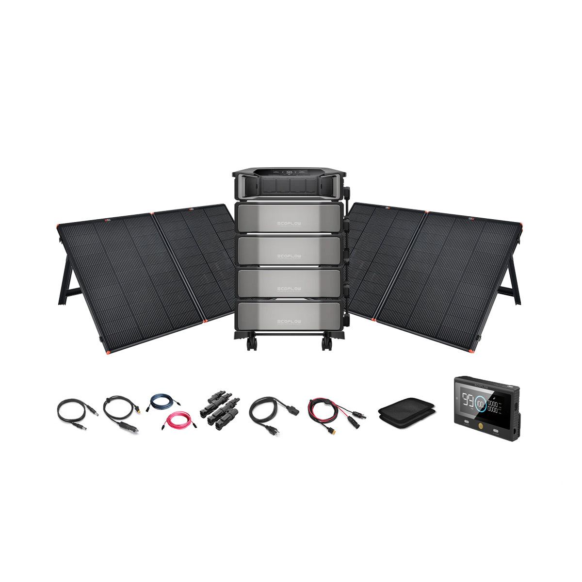 The EcoFlow DELTA Pro Ultra 7,200W 24,000Wh Portable Power Station + 12V Solar Panels Kit by Ecoflow comes with four solar panels, a stacked battery unit, cables, adapters, a pouch, and digital display—ideal for off-grid or backup power.