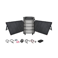 The EcoFlow DELTA Pro Ultra 7,200W 24,000Wh Portable Power Station + 12V Solar Panels Kit by Ecoflow comes with four solar panels, a stacked battery unit, cables, adapters, a pouch, and digital display—ideal for off-grid or backup power.
