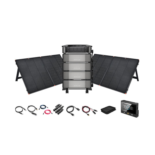 The EcoFlow DELTA Pro Ultra 7,200W 24,000Wh Portable Power Station + 12V Solar Panels Kit by Ecoflow comes with four solar panels, a stacked battery unit, cables, adapters, a pouch, and digital display—ideal for off-grid or backup power.