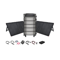 The EcoFlow DELTA Pro Ultra 7,200W 30,000Wh Portable Power Station + 12V foldable solar panels by Ecoflow is a complete off-grid power kit with various cables, a carrying pouch, and a digital display control unit shown on a white background.