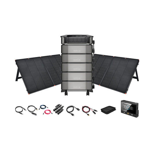 The EcoFlow DELTA Pro Ultra 7,200W 30,000Wh Portable Power Station + 12V foldable solar panels by Ecoflow is a complete off-grid power kit with various cables, a carrying pouch, and a digital display control unit shown on a white background.