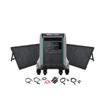 A Zendure SuperBase V4600 portable power station with digital display sits between two foldable solar panels, with various cables and connectors laid out in front, all against a white background.
