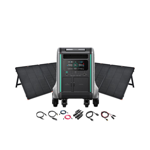 A Zendure SuperBase V4600 portable power station with digital display sits between two foldable solar panels, with various cables and connectors laid out in front, all against a white background.