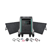 A Zendure SuperBase V4600 portable power station with digital display sits between two foldable solar panels, with various cables and connectors laid out in front, all against a white background.