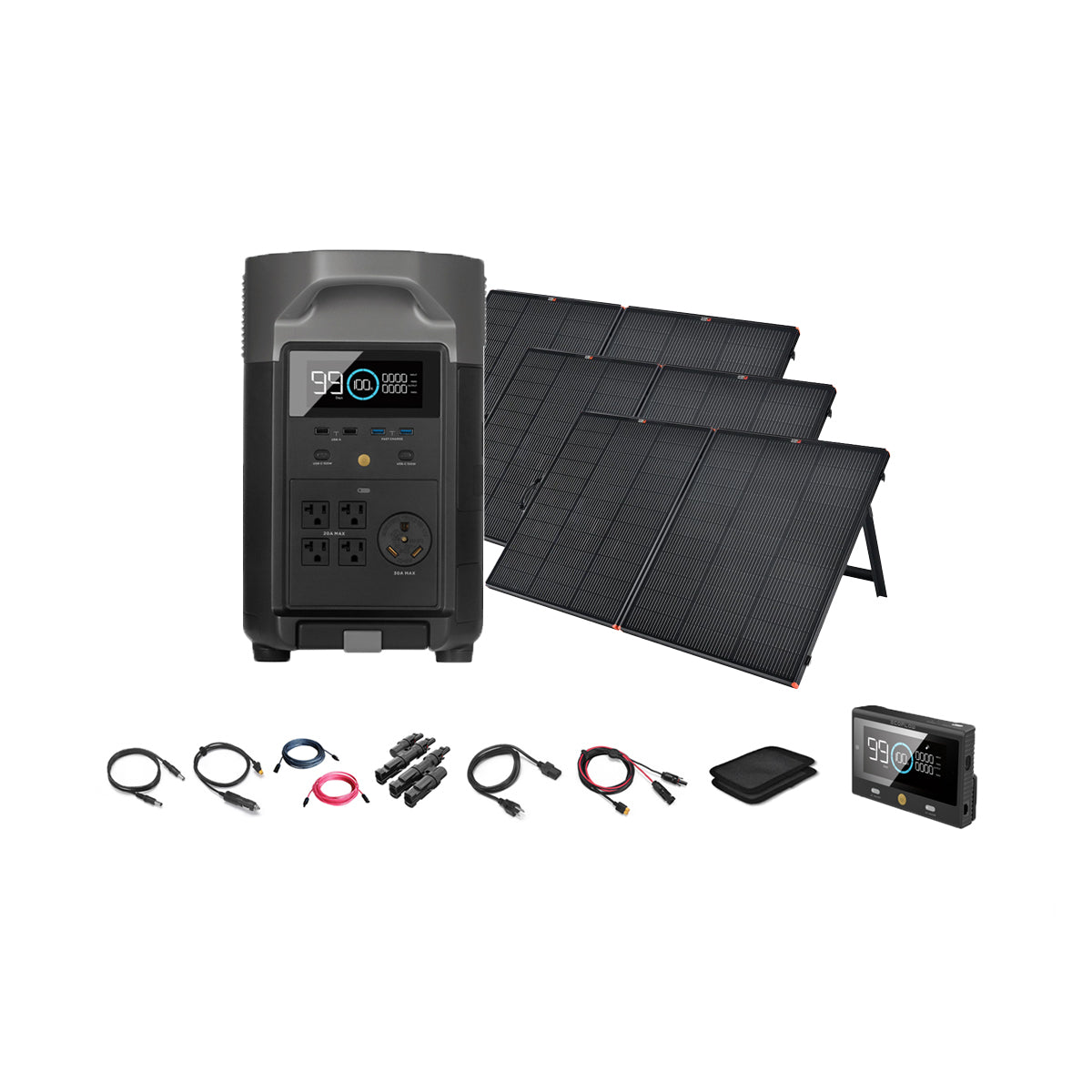 Ecoflow Delta Pro portable power station with digital display, six black foldable solar panels, multiple connecting cables, a small carrying pouch, and a compact accessory device arranged on a white background.