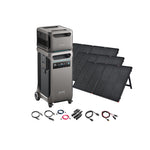The Anker SOLIX F3800 portable power station, featuring wheels and a display, comes with four foldable solar panels and charging cables for a complete Anker solar power system, shown against a white background.