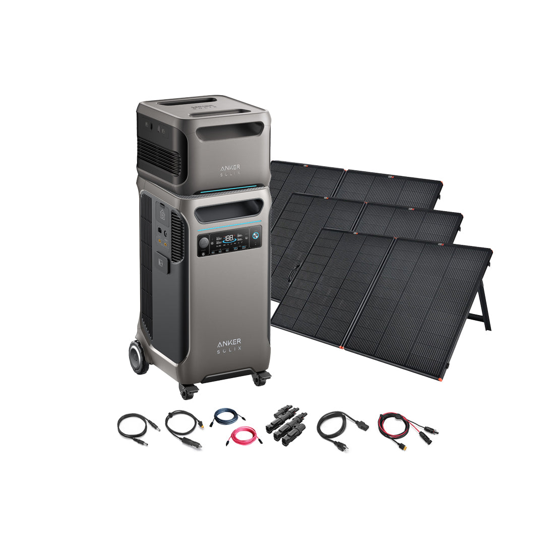 The Anker SOLIX F3800 portable power station, featuring wheels and a display, comes with four foldable solar panels and charging cables for a complete Anker solar power system, shown against a white background.