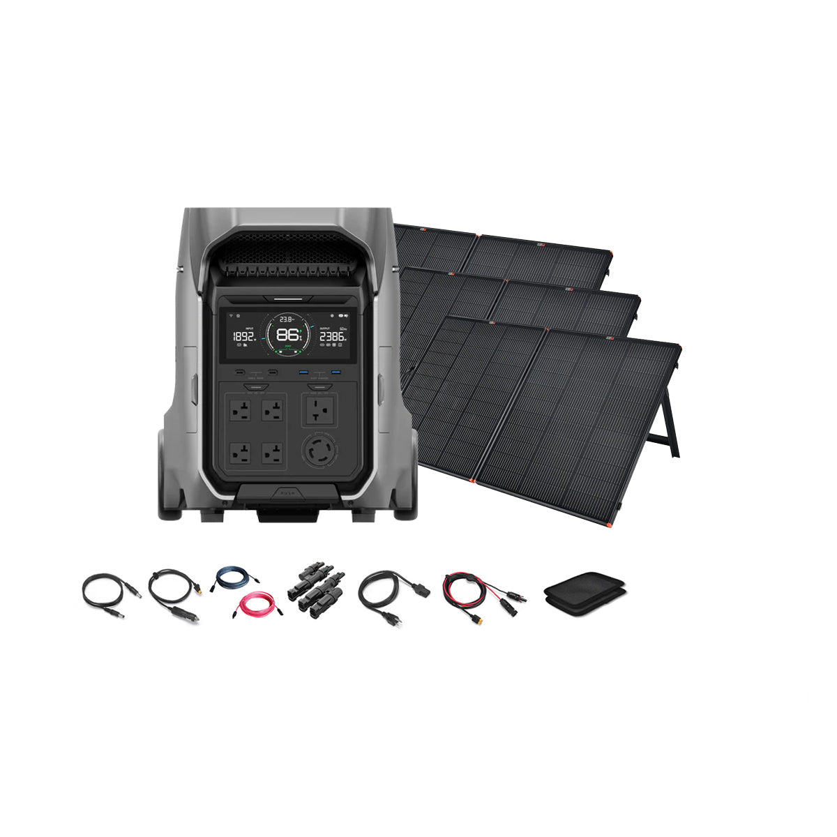 An Ecoflow Portable Power Station with solar charging, multiple outlets and display, five foldable solar panels, assorted cables and connectors, a carrying pouch, and a digital controller—neatly arranged on a white background.