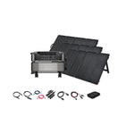 The EcoFlow solar power kit includes foldable panels, a DELTA Pro Ultra power station, cables, connectors, a black pouch, and a digital control panel display for reliable off-grid energy.
