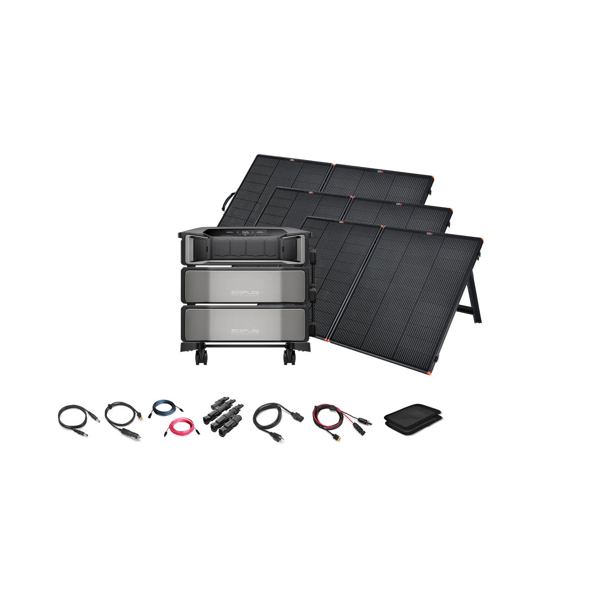 The EcoFlow solar power kit includes three stacked battery units, four foldable panels, a digital display device, and accessories—ideal for off-grid systems or pairing with the DELTA Pro Ultra—all arranged on a white background.
