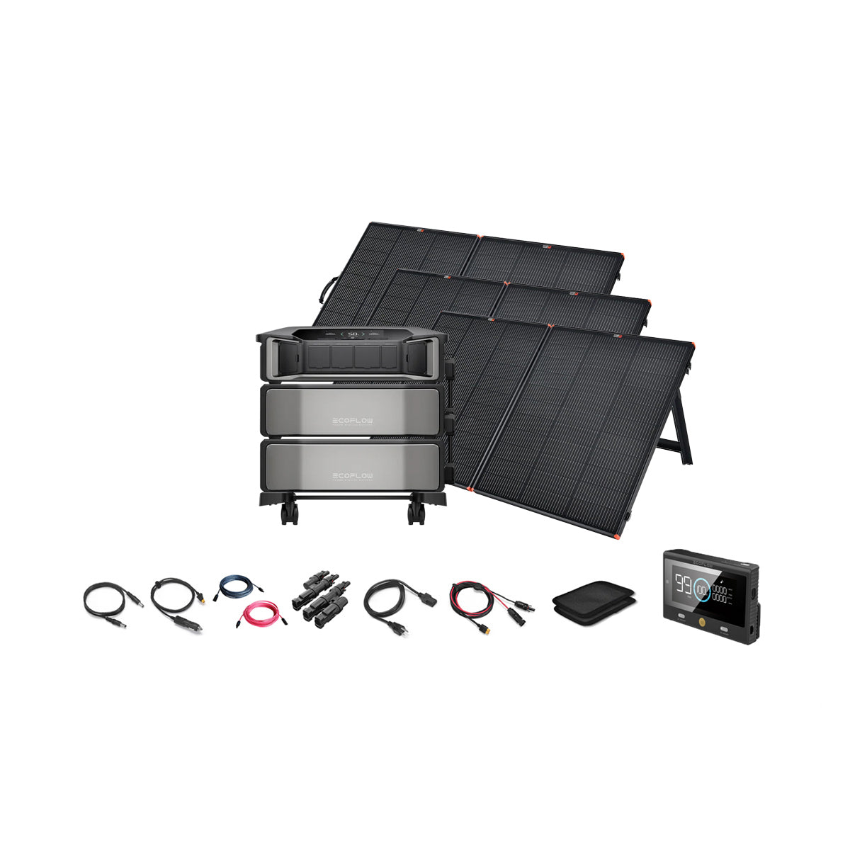 The EcoFlow solar power kit includes three stacked battery units, four foldable panels, a digital display device, and accessories—ideal for off-grid systems or pairing with the DELTA Pro Ultra—all arranged on a white background.
