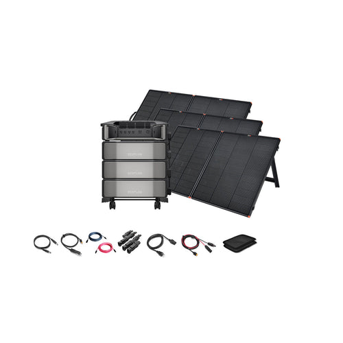The Ecoflow DELTA Pro Ultra 7,200W 18,000Wh Portable Power Station & 12V solar panels kit includes a wheeled unit, three solar panels, digital display monitor, cables, connectors, and a carrying pouch—all set on a white background.