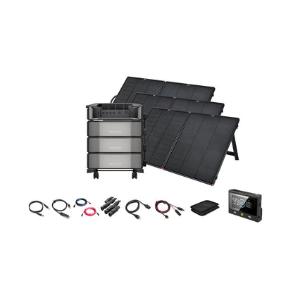 The Ecoflow DELTA Pro Ultra 7,200W 18,000Wh Portable Power Station & 12V solar panels kit includes a wheeled unit, three solar panels, digital display monitor, cables, connectors, and a carrying pouch—all set on a white background.