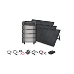 The EcoFlow DELTA Pro Ultra 7,200W 24,000Wh Portable Power Station + 12V Portable Solar Panels Complete Portable Power Kit by EcoFlow includes four stacked batteries, three foldable solar panels, control panel, cables, and accessories on a white background.