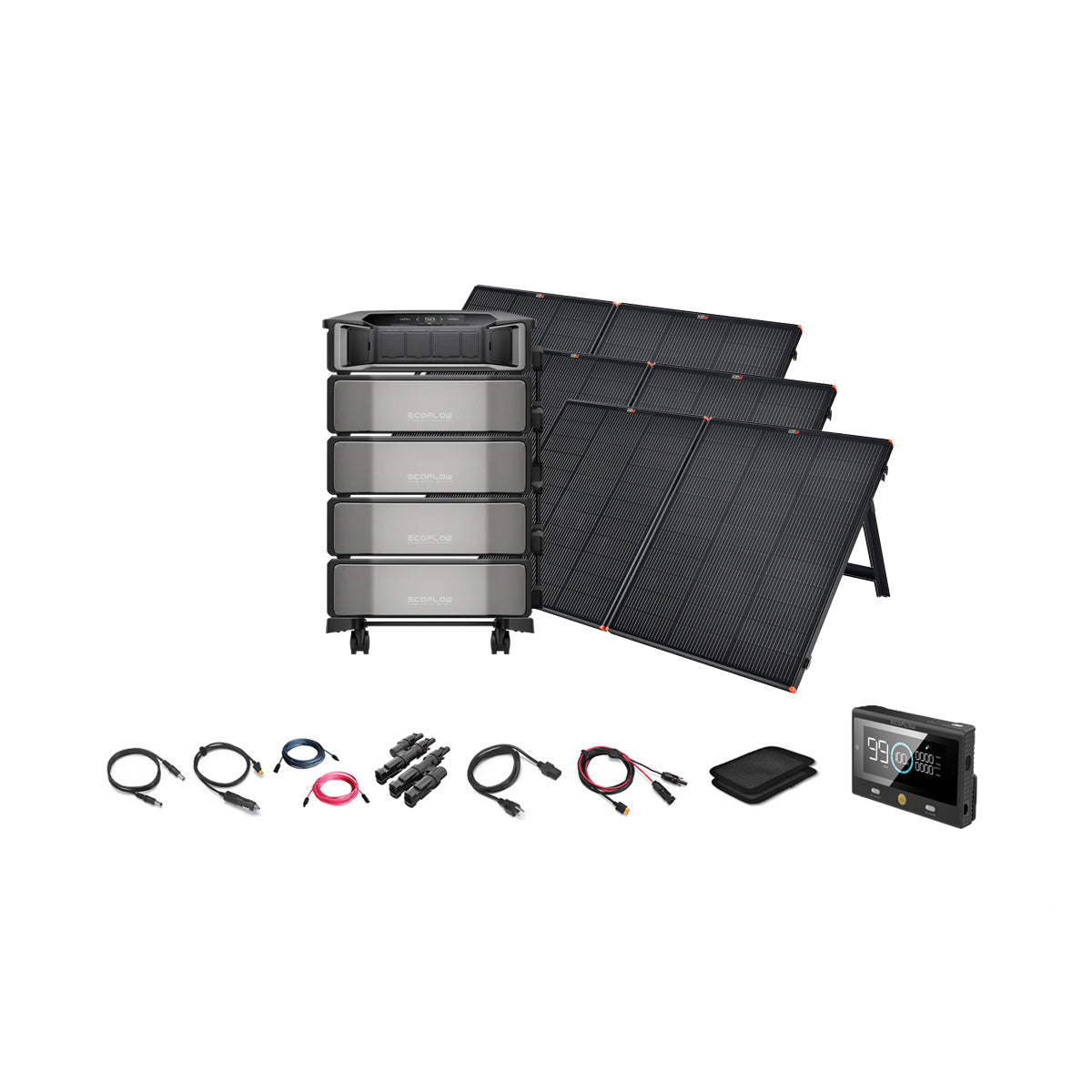The EcoFlow DELTA Pro Ultra 7,200W 24,000Wh Portable Power Station + 12V Portable Solar Panels Complete Portable Power Kit by EcoFlow includes four stacked batteries, three foldable solar panels, control panel, cables, and accessories on a white background.