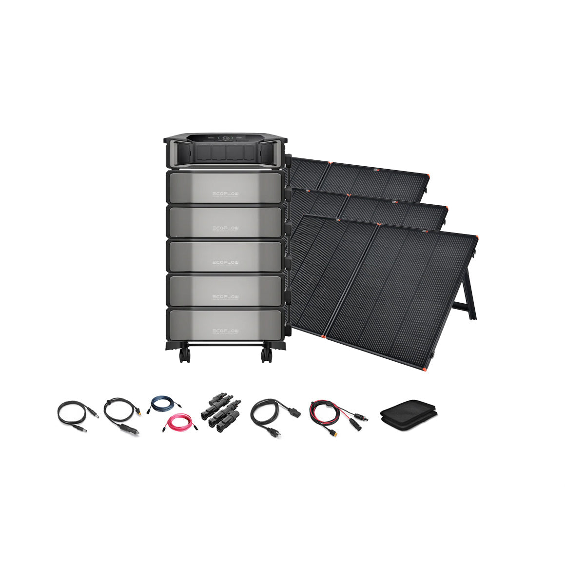 The EcoFlow DELTA Pro Ultra 7,200W 30,000Wh Portable Power Station Complete Kit by Ecoflow includes 12V portable solar panels, cables, a digital control panel, and carrying pouch—ideal for off-grid power needs and shown on a white background.