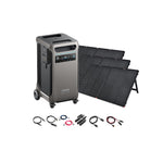An Anker portable solar power system with digital display, wheels, and handle is shown on a white background with four foldable solar panels, assorted cables, and connectors—perfect for off-grid energy needs.