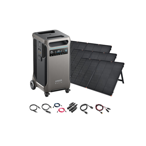 An Anker portable solar power system with digital display, wheels, and handle is shown on a white background with four foldable solar panels, assorted cables, and connectors—perfect for off-grid energy needs.