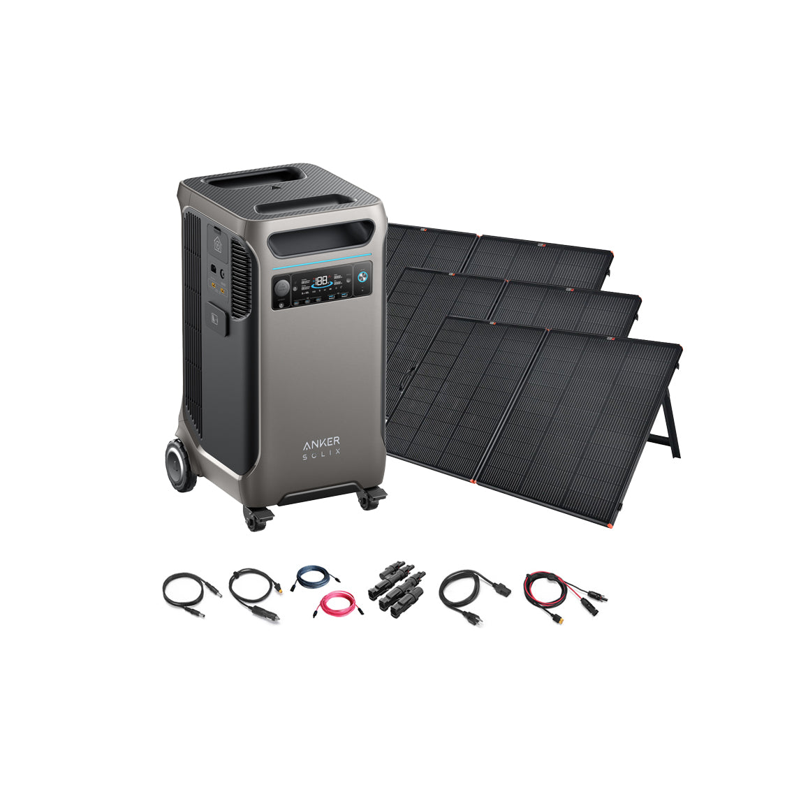 An Anker portable solar power system with digital display, wheels, and handle is shown on a white background with four foldable solar panels, assorted cables, and connectors—perfect for off-grid energy needs.