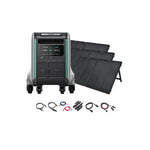 A Zendure SuperBase V4600 portable power station with digital display is displayed with foldable solar panels and connecting cables, all from the Zendure brand, neatly arranged on a white background.