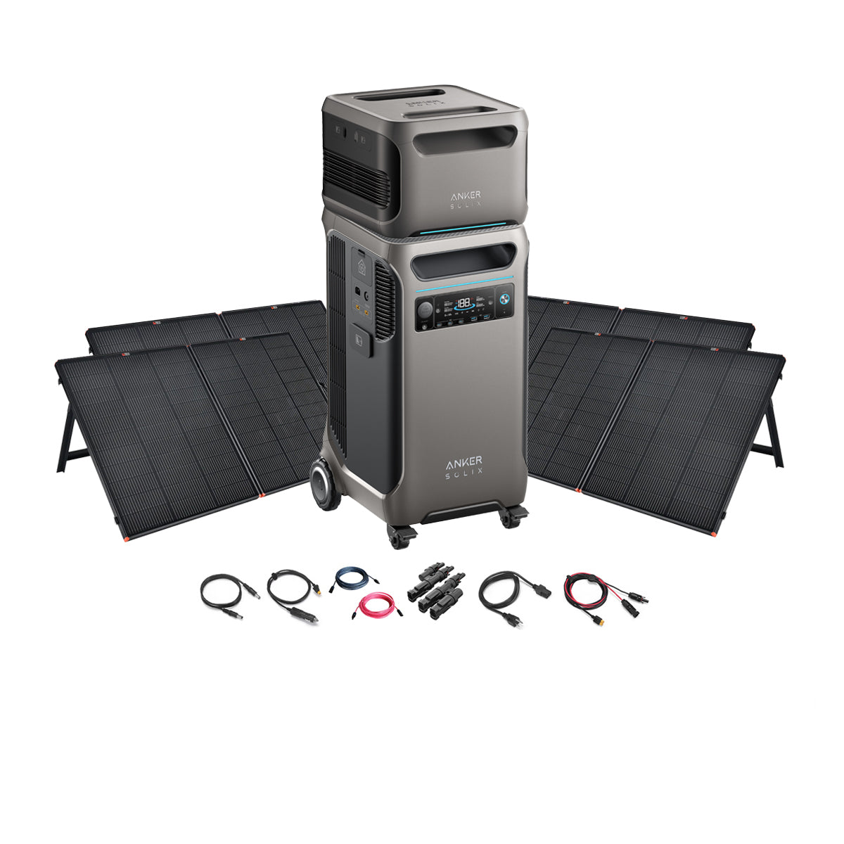 The Anker SOLIX F3800 portable power station with digital display is stacked on another unit, accompanied by four foldable solar panels and cables, demonstrating an Anker solar power system on a white background.