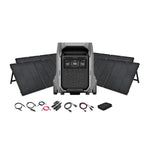An EcoFlow DELTA Pro portable power station with digital display is displayed in front of four foldable solar panels, showcasing its off-grid capabilities. Cables, connectors, and a small device are neatly arranged in front of the EcoFlow equipment.