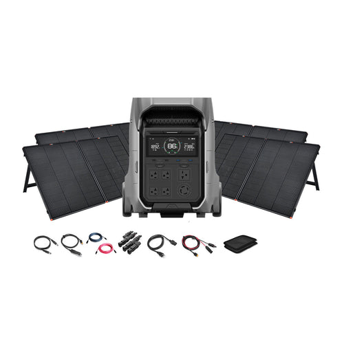 An EcoFlow DELTA Pro portable power station with digital display is displayed in front of four foldable solar panels, showcasing its off-grid capabilities. Cables, connectors, and a small device are neatly arranged in front of the EcoFlow equipment.
